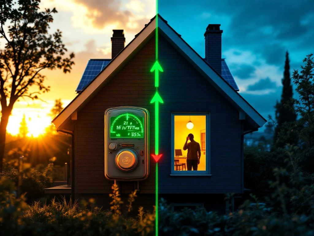 Nederlandse woning met zonnepanelen toont contrast tussen huidige salderingsregeling (groene pijlen omhoog) en toekomst zonder (rode pijlen omlaag)