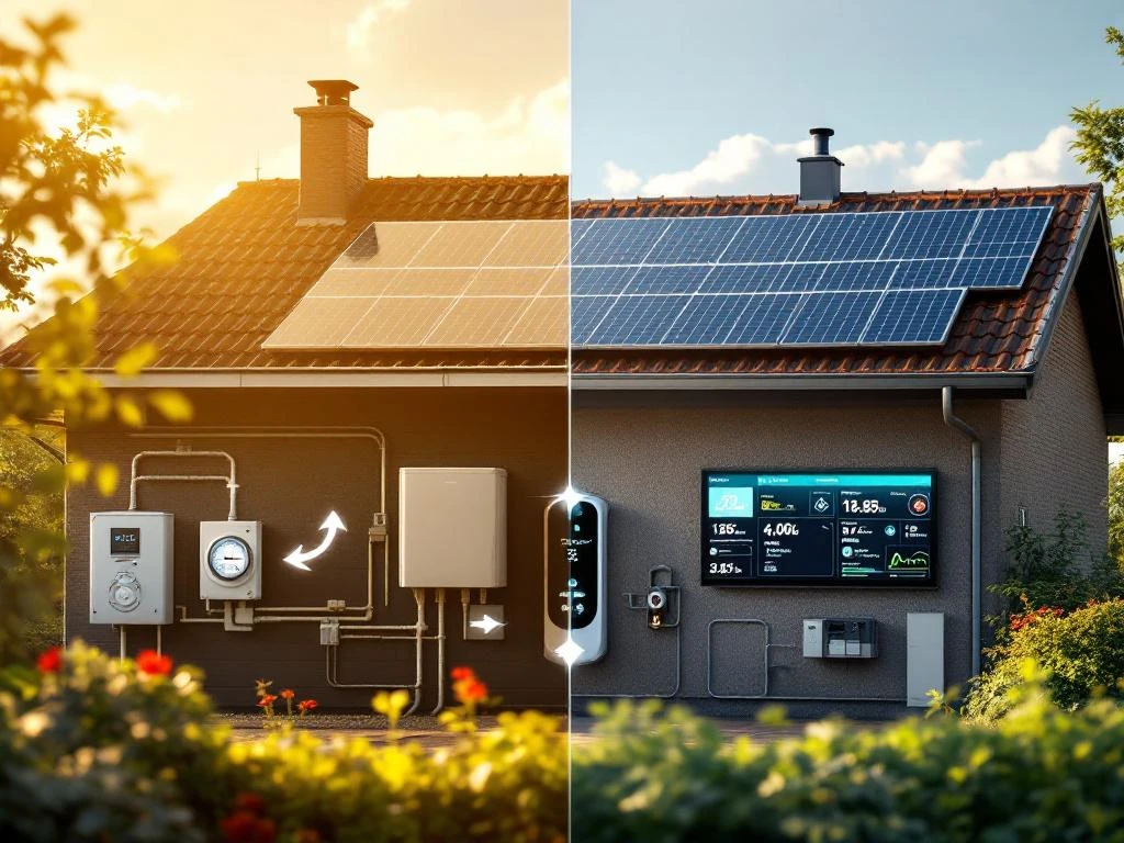 Vergelijking van traditionele zonnepanelen met slimme energiesystemen: oude dakinstallatie versus moderne thuisbatterij en laadpaal