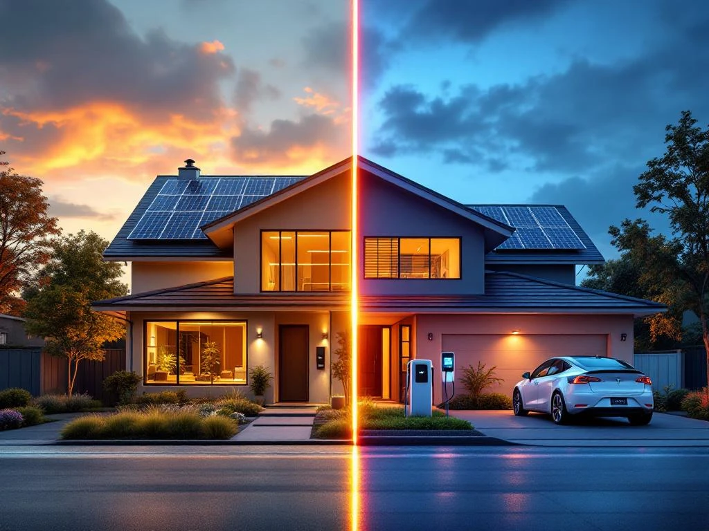Modern huis met zonnepanelen links en batterijsysteem met laadpaal rechts, toont overgang naar energie-onafhankelijkheid