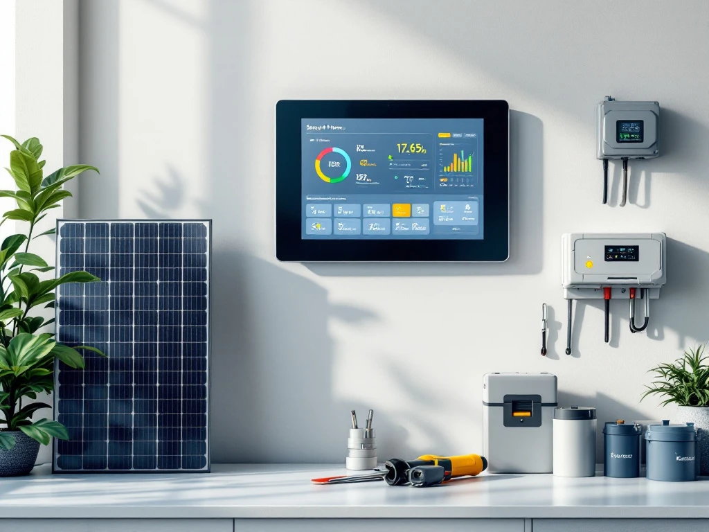 Digitaal controlepaneel van slim energiemanagementsysteem met zonne-inverters en batterijen tijdens installatie