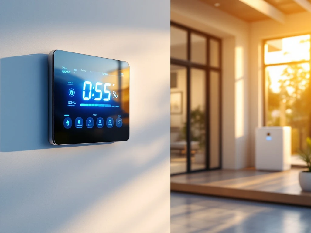 Smart home energiebeheer display met blauwe LED-indicatoren, zonnepanelen op dak en thuisbatterij in moderne woning