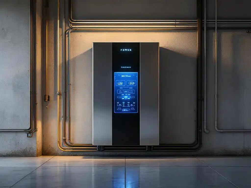 Moderne thuisbatterij met metalen behuizing en blauwe LED-indicatoren gemonteerd op garagemuur