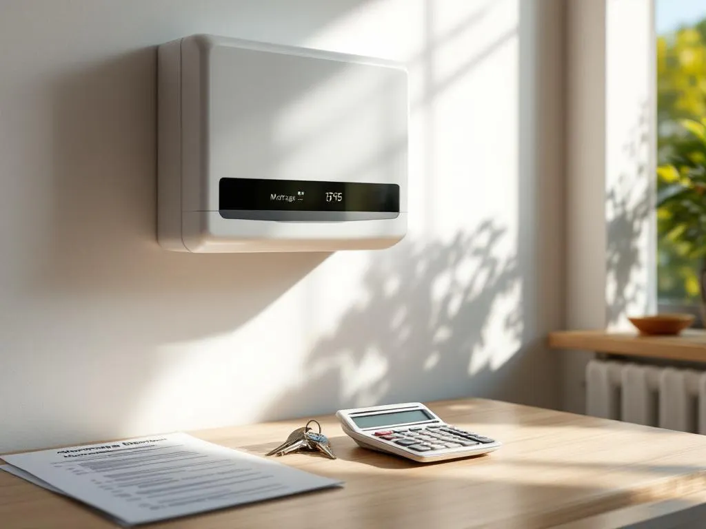 Moderne thuisbatterij aan witte muur naast houten bureau met hypotheekdocumenten, huissleutels en rekenmachine