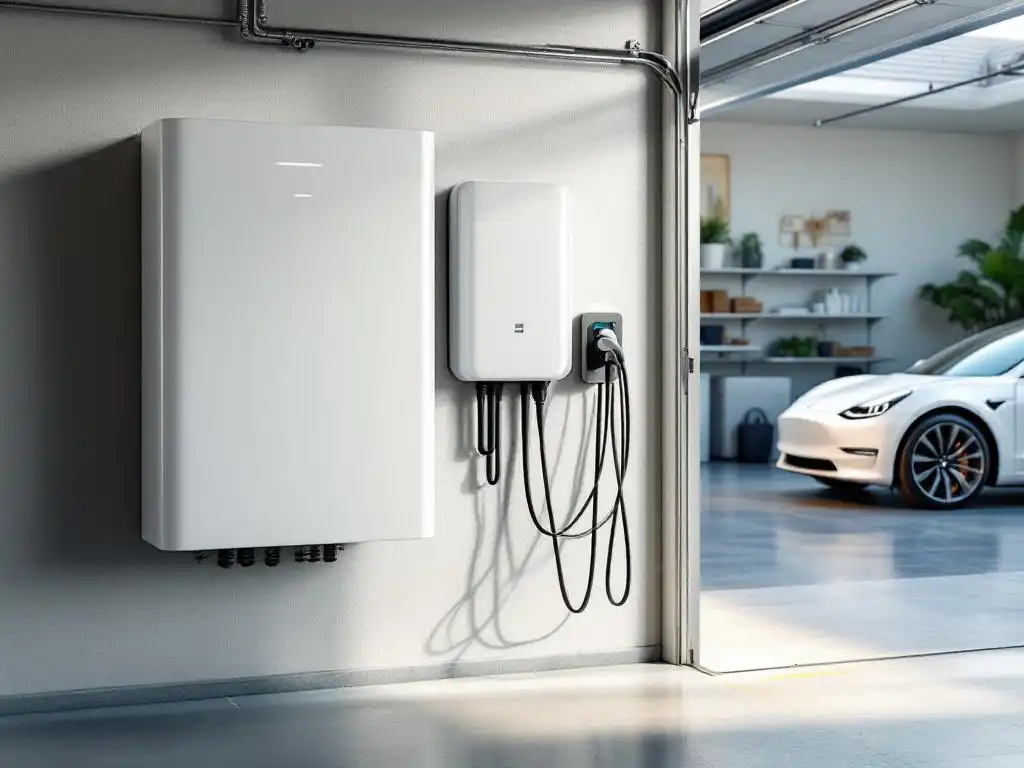 Witte thuisbatterij en elektrische auto-oplaadstation in garage met aangesloten Tesla Model 3