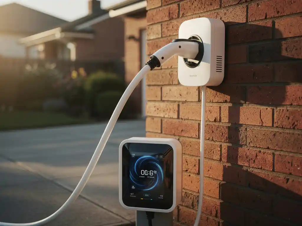 Witte elektrische auto laadkabel aangesloten op thuislaadstation aan bakstenen muur met digitale elektriciteitsmeter op voorgrond
