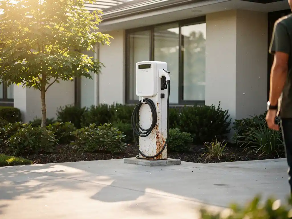 Verweerde elektrische auto-oplaadstation in oprit van moderne woning met volwassen beplanting in ochtendlicht