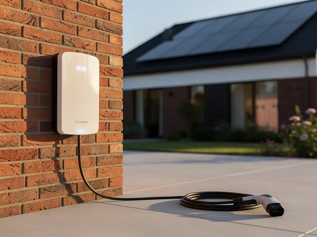 Witte elektrische laadstation gemonteerd op bakstenen muur naast zwarte laadkabel op oprit, modern huis met zonnepanelen