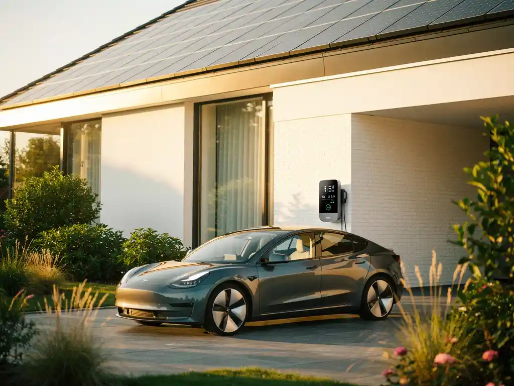Elektrische auto oplaadpaal bij moderne Nederlandse woning met zonnepanelen op dak en energiemeter op garagemuur.
